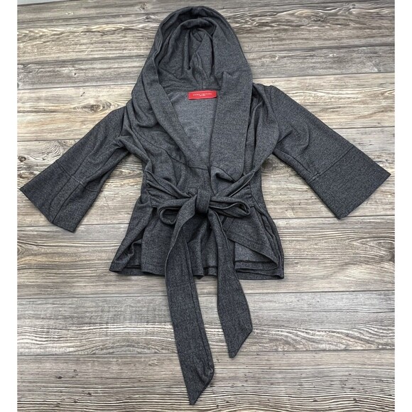 Akira Chicago Red Label Gray Wrap Belted Jacket W/Hood 3/4 Sleeves Women's Small - Picture 1 of 11